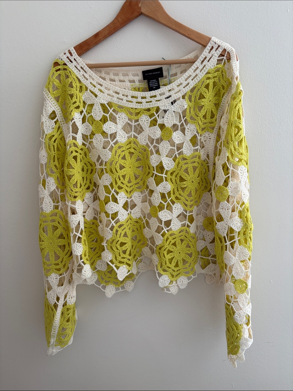 Crochet Openwork Pullover Hoodie - White & Lime